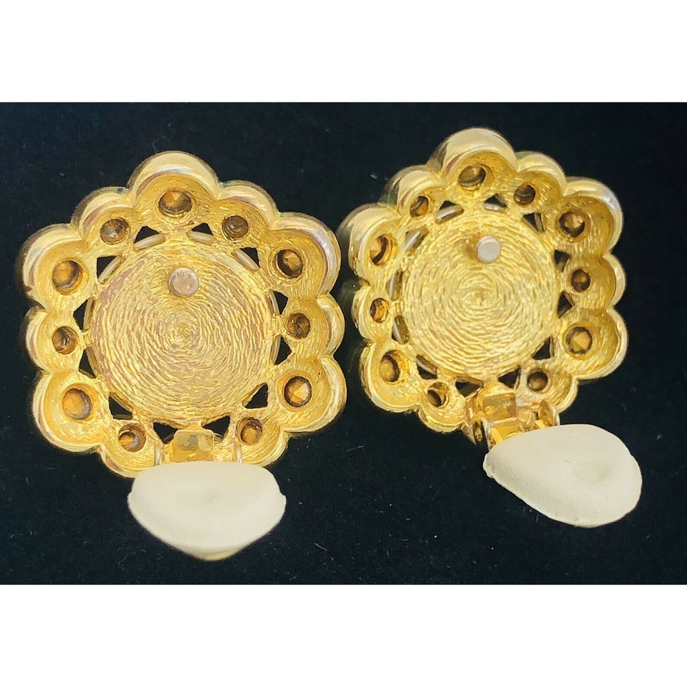 Gold Tone Crystal Cabochon Pearl Clip Earrings - Picture 8 of 10